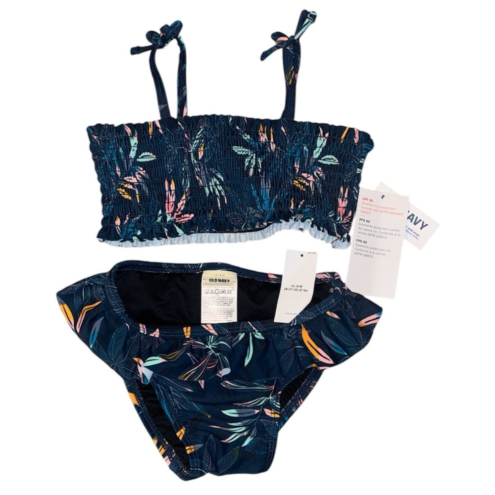 Old Navy Navy Blue Leaf Print Bikini in girls 12-18 months NWT